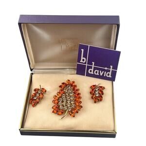 B. David Vintage Brooch & Clip On Earrings Orange Rhinestone Original Box